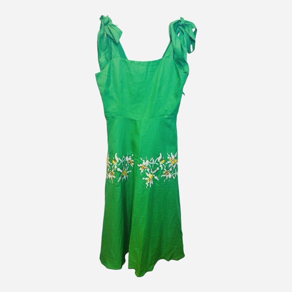 Fanm Mon Nilen Linen Midi Embroidered Dress Large Kelly Green Pockets A-Line - Picture 3 of 10